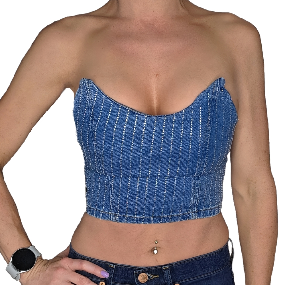 AKIRA Blue Denim Strapless Crop Top